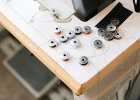 A detailed view of sewing machine bobbins and threads on a work surface in a crafting area.